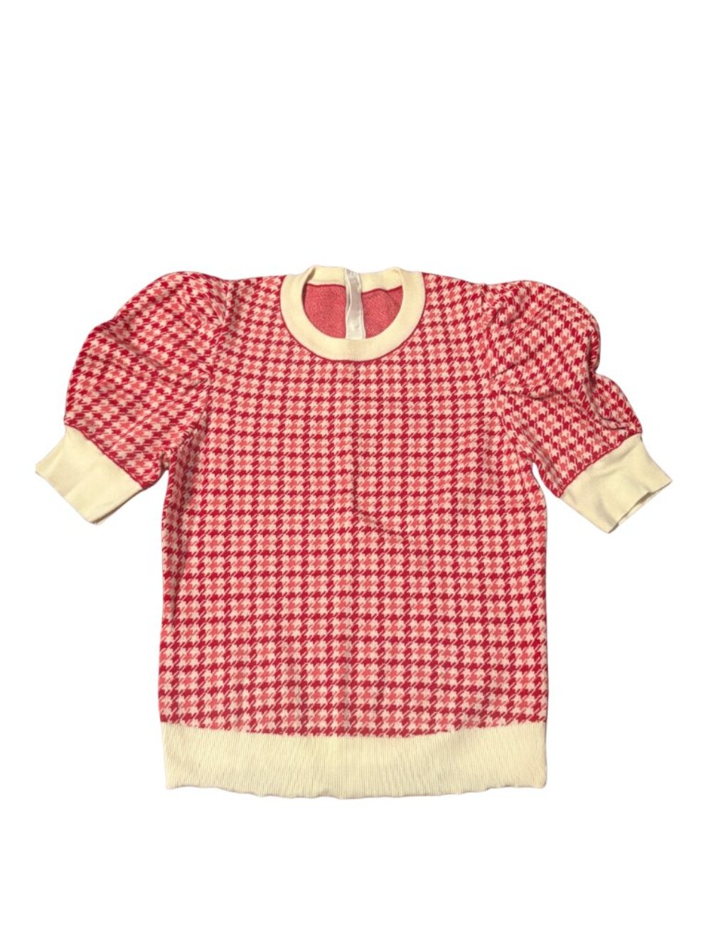 Red and White Houndstooth pattern Sweater Puff Sleeves Round Neck Soft Knit Top